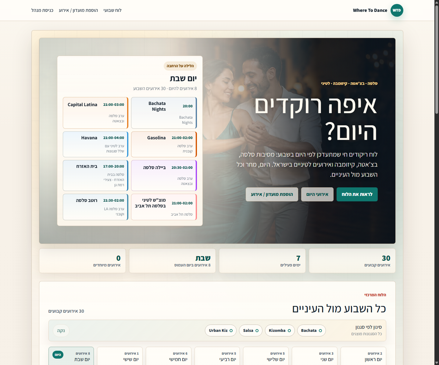עמוד הבית של Where To Dance בגרסת ASP.NET Core MVC